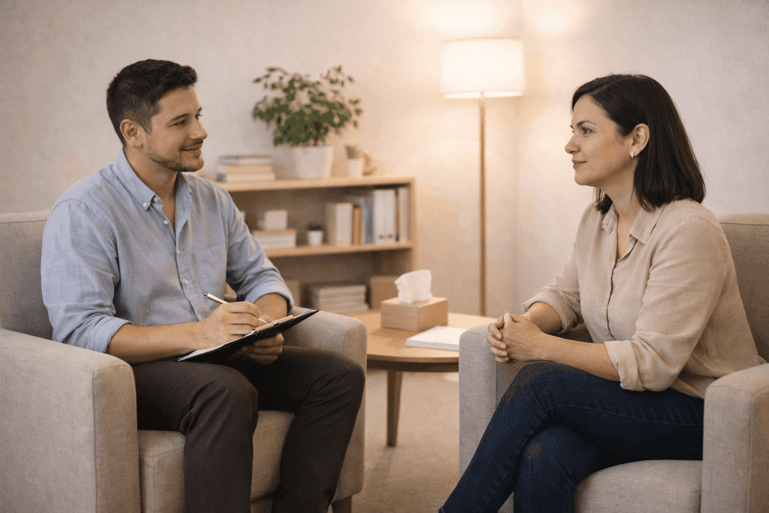 Sessão de psicologia em consultório acolhedor, com terapeuta e paciente sentados em poltronas confortáveis, iluminação suave, plantas e livros ao fundo, transmitindo cuidado, segurança emocional e profissionalismo.