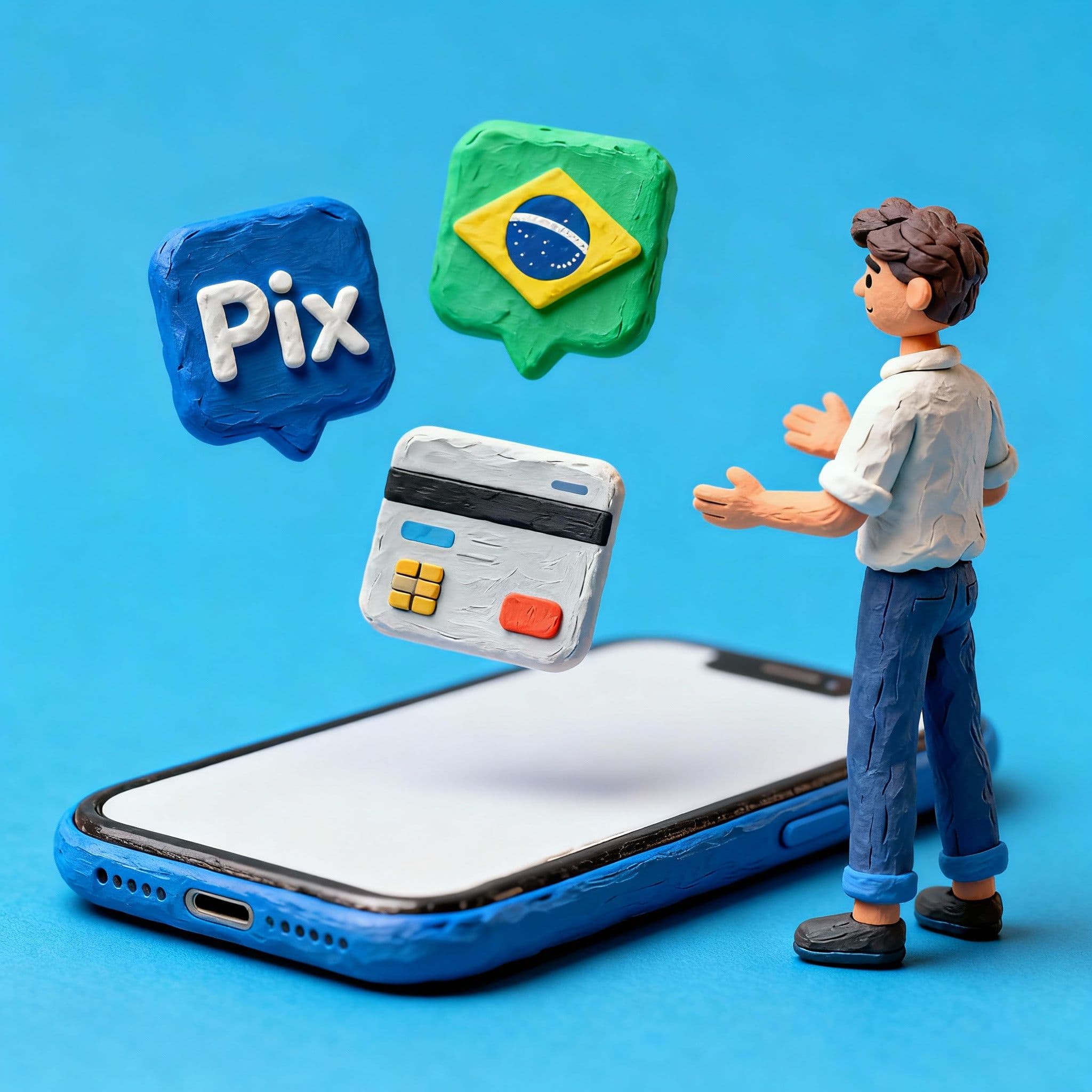 Ilustração 3D estilo fintech mostrando um autônomo brasileiro comparando ícones de Pix, débito automático e lembrete digital em um celular, com fundo branco e tons de azul True Blue.