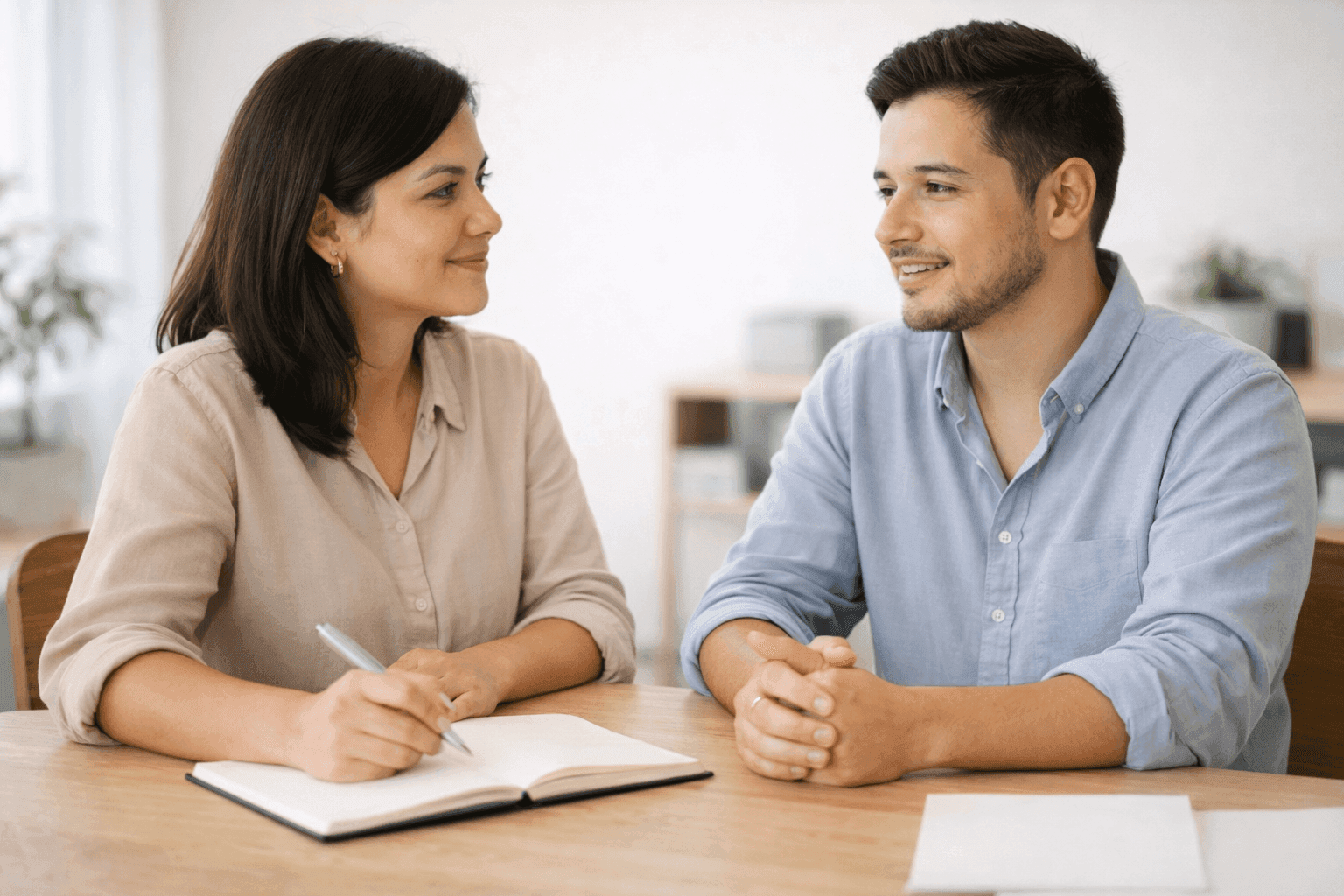 Duas pessoas adultas sentadas à mesa em ambiente interno, conversando de forma tranquila e profissional, uma com caderno aberto, luz natural lateral e clima de acordo, clareza e confiança.