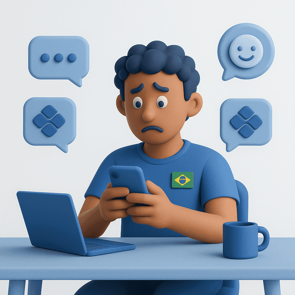 Ilustração 3D estilo fintech mostrando um autônomo brasileiro segurando o celular com expressão preocupada, rodeado por ícones de Pix e mensagens, transmitindo leveza e resolução.