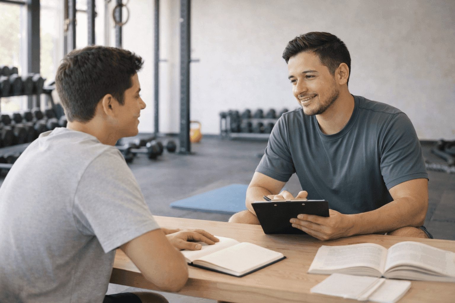 Personal trainer conversando com aluno em ambiente de treino funcional, com halteres e colchonetes ao fundo, luz natural no espaço e clima de confiança, compromisso e rotina organizada.