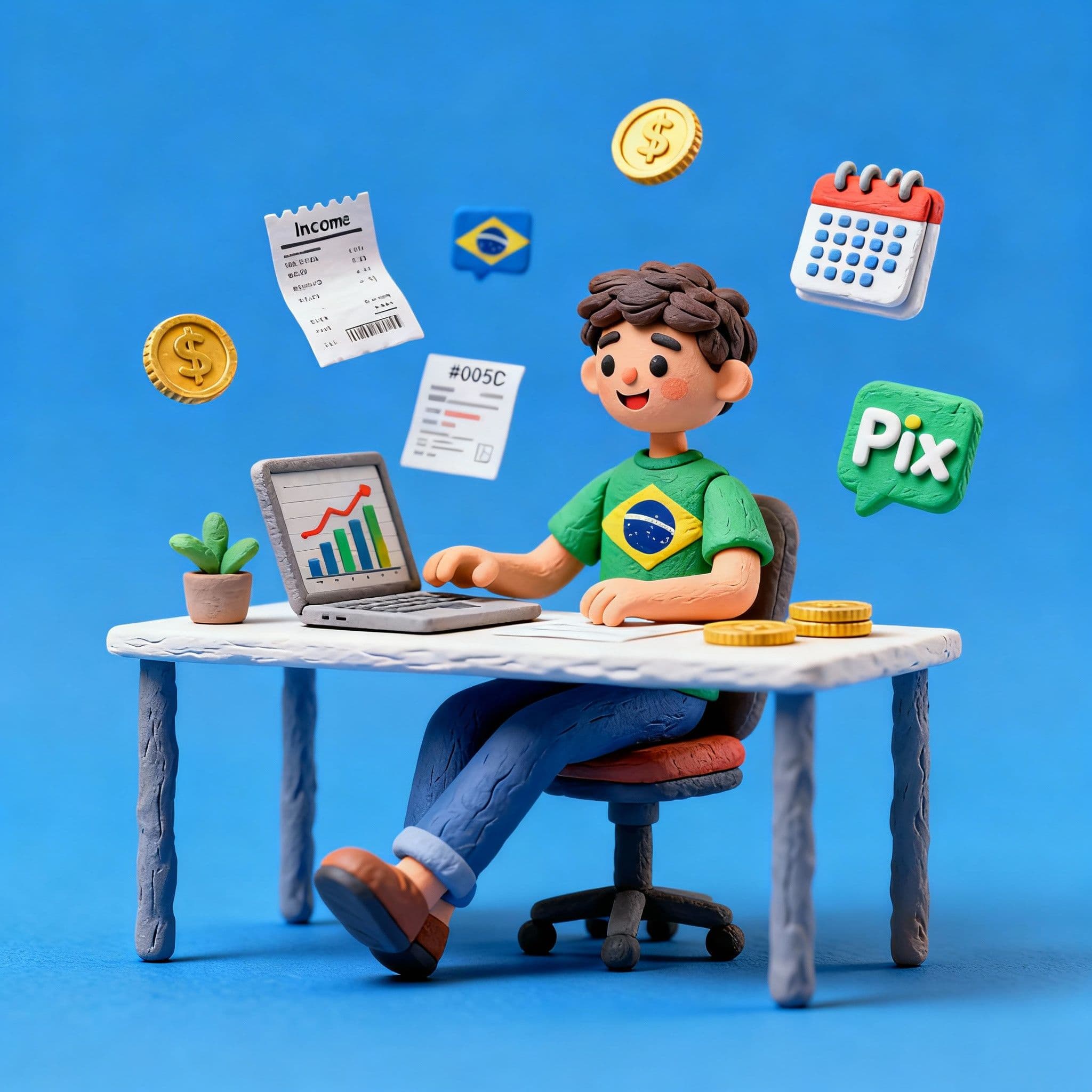 Ilustração 3D estilo fintech mostrando um autônomo brasileiro sentado em uma mesa com um notebook, ícones de calendário, PIX, moeda e documentos à sua volta.