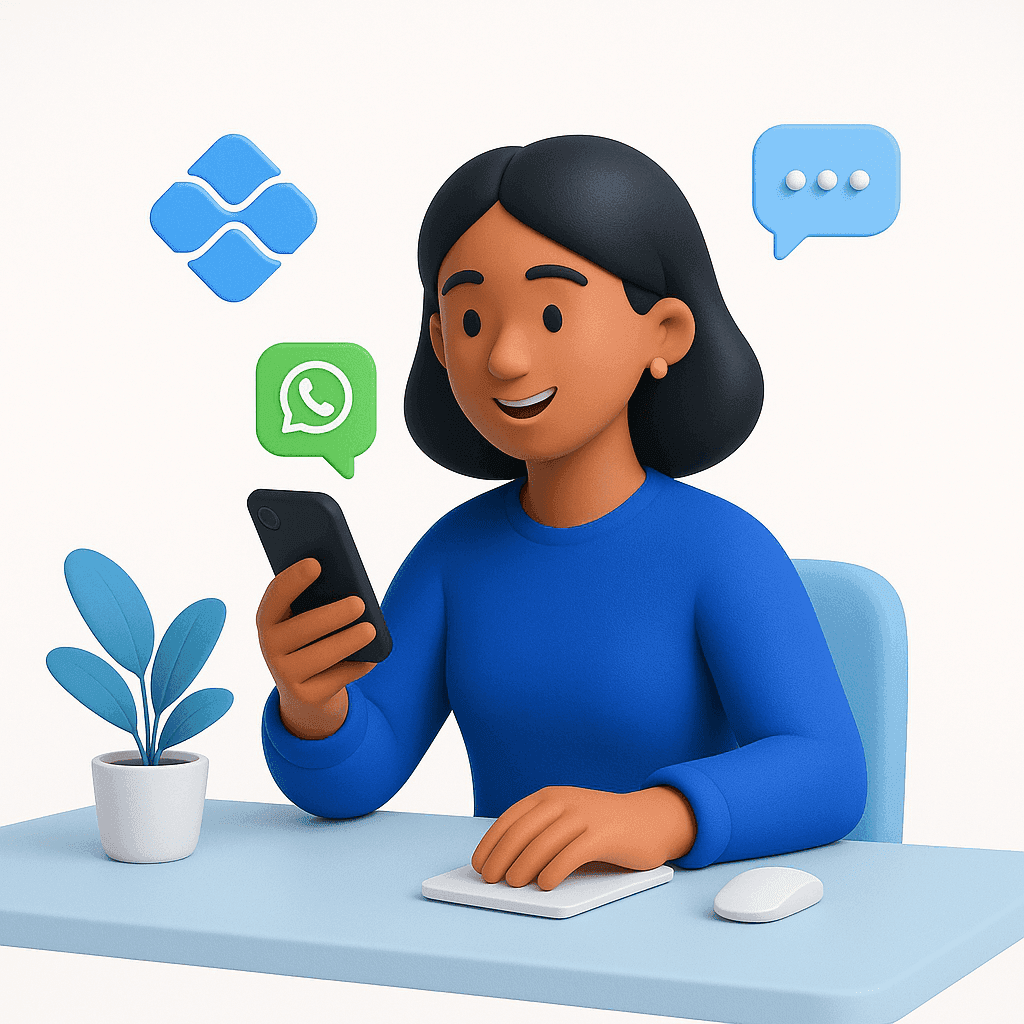 Ilustração 3D de autônoma brasileira sorrindo e segurando o celular com conversa do WhatsApp aberta.