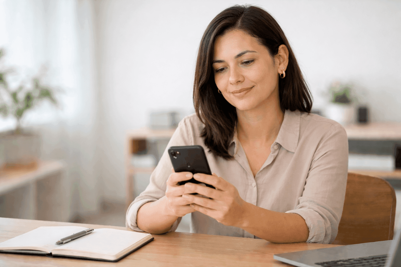 Pessoa brasileira sentada à mesa em ambiente interno claro, segurando o celular voltado para si, com expressão tranquila, luz natural suave, fundo desfocado e clima profissional e humano.