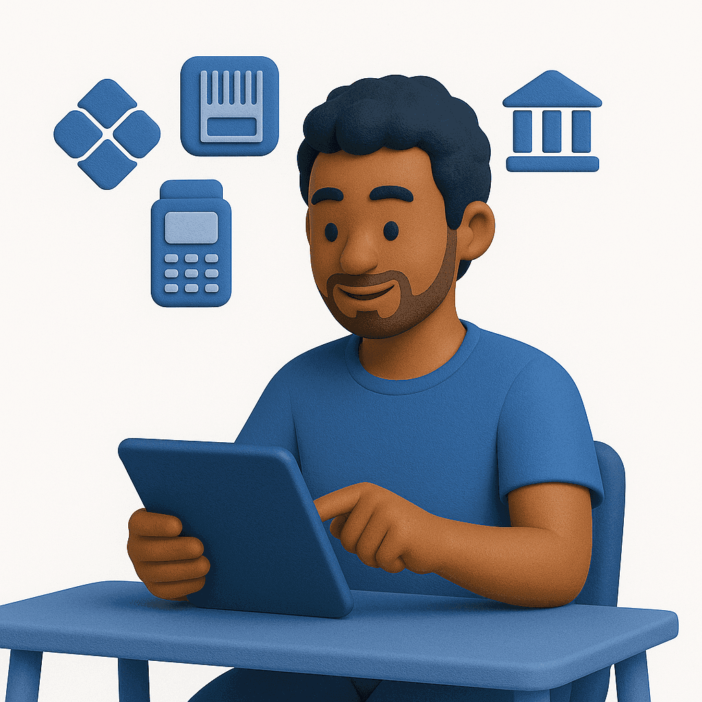 Ilustração 3D estilo fintech mostrando um freelancer analisando opções de pagamento (Pix, boleto, cartão) em um tablet, em tons True Blue.